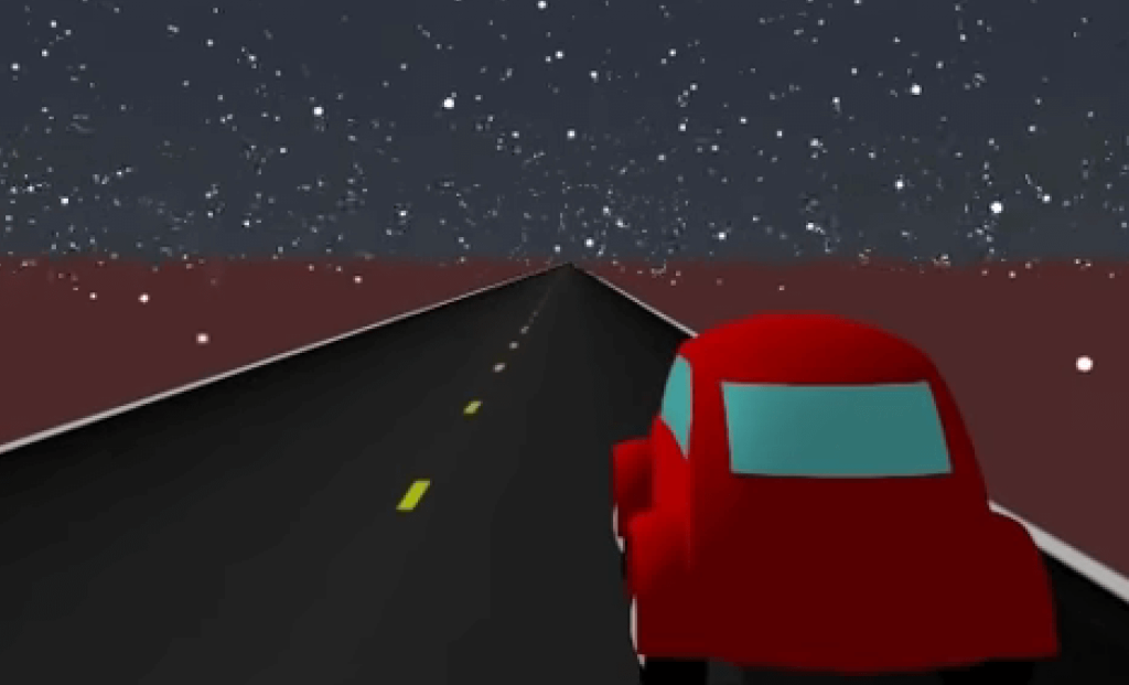 Animation showing concept of relative motion from the perspective of a driver of a car.